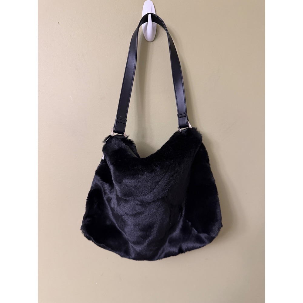 Old Navy Black Faux Fur Shoulder Bag Hobo Handbag Zip Closure Y2K Satchel